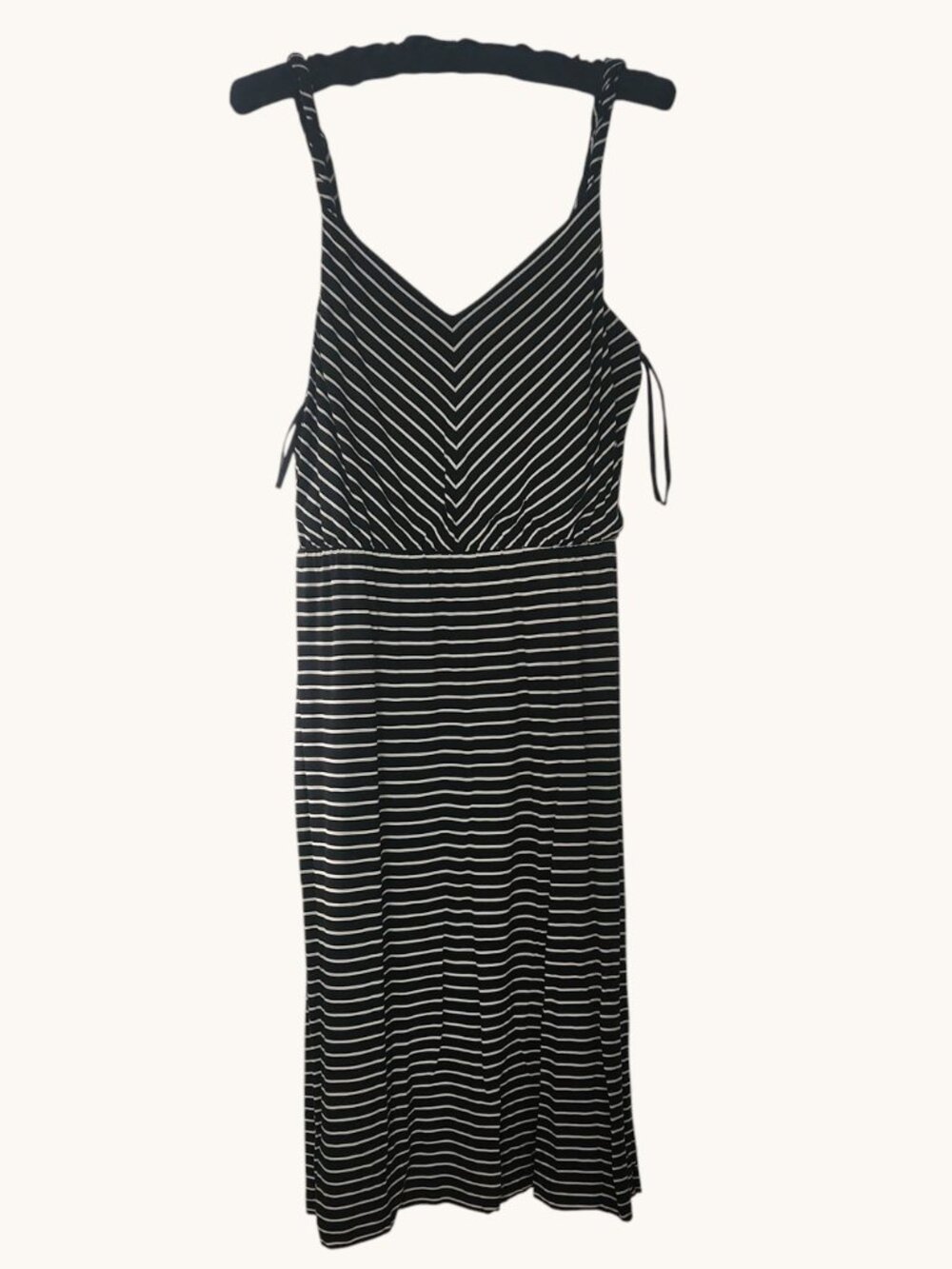 LOFT Black and White Striped V-Neck Midi Dress